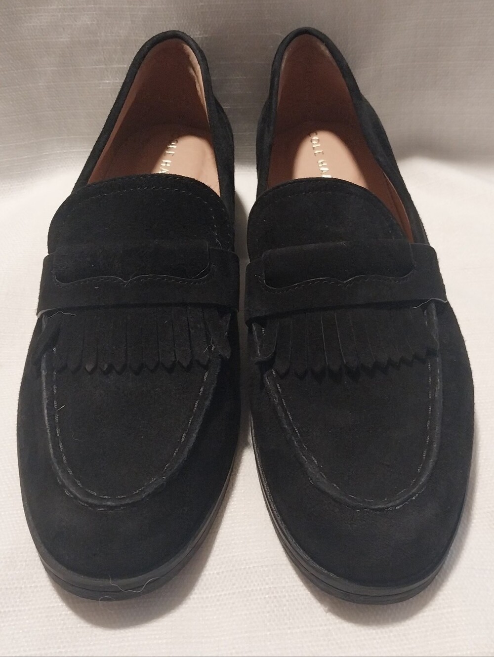 Cole Haan Stassi Kiltie Black Suede Slip On Academia Preppy Loafers NWOB